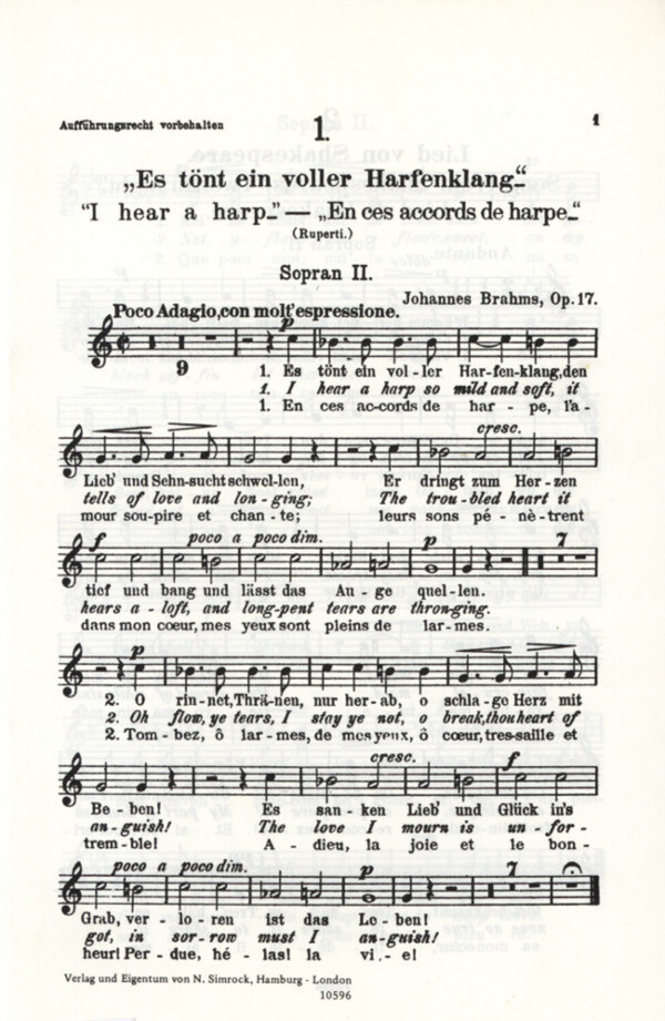 4 Gesnge op.17 - 2. Sopran<br>fr Frauenchor, 2 Hrner + Harfe (Klavier)