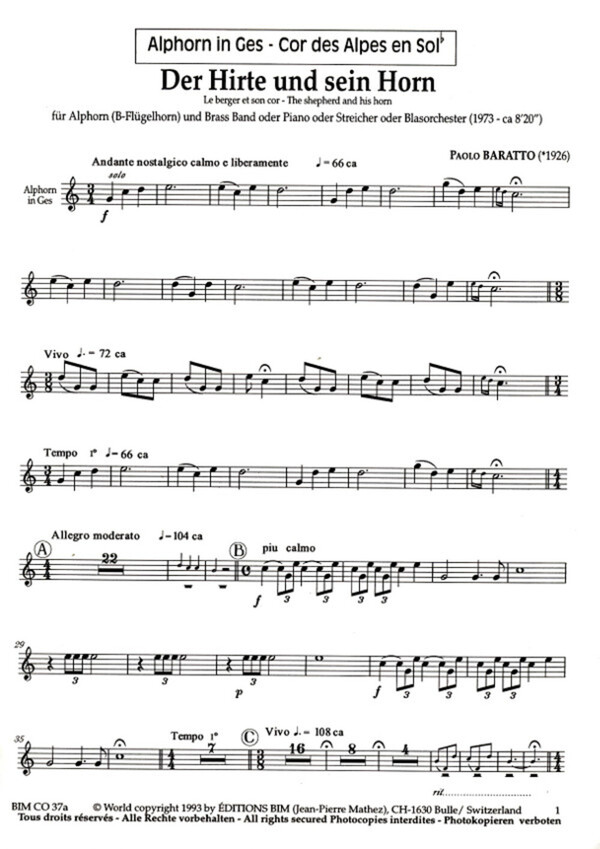 Hirte und sein Horn - Stimmen<br>fr Alphorn in Ges + Streicher