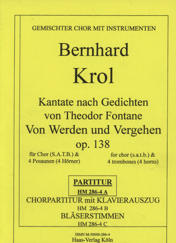 Vom Werden und Vergehen op.138 - Partitur<br>fr gemischten Chor (SATB) + 4 Hrner (Posaunen)