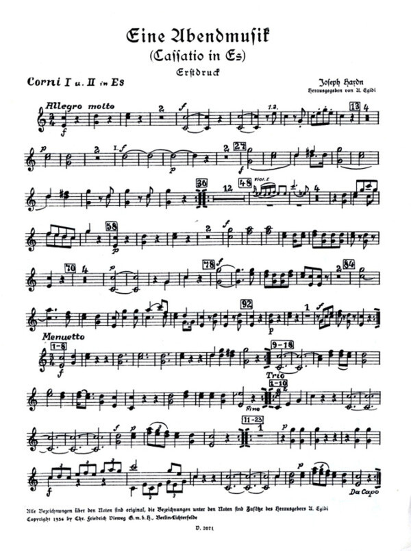 Abendmusik (Cassatio in Es) - Stimmen (2 Hrner, Streicher: 3/3/2/2/1)<br>fr 2 Hrner, 2 Violinen, Viola, Violoncello + Kontraba ad lib.