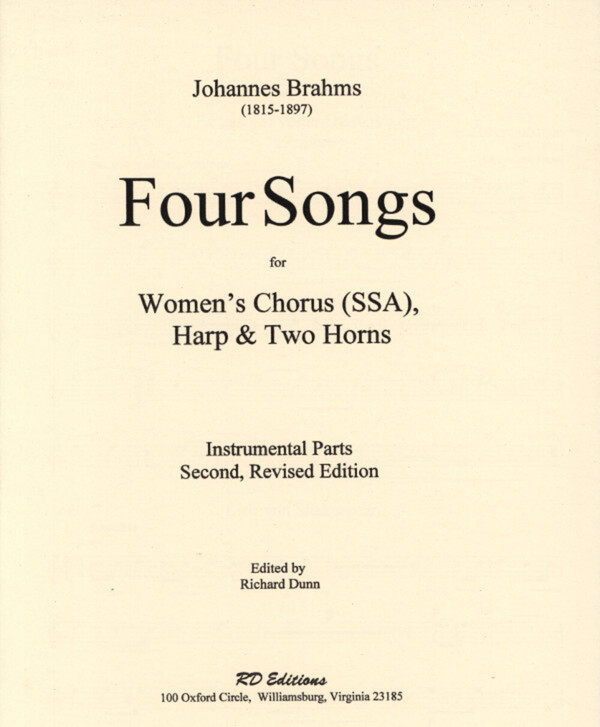 4 Lieder op.17 - Stimmen: Horn 1 in C basso, Horn 2 in Es, Harfe<br>fr Frauenchor (SSA), 2 Hrner + Harfe