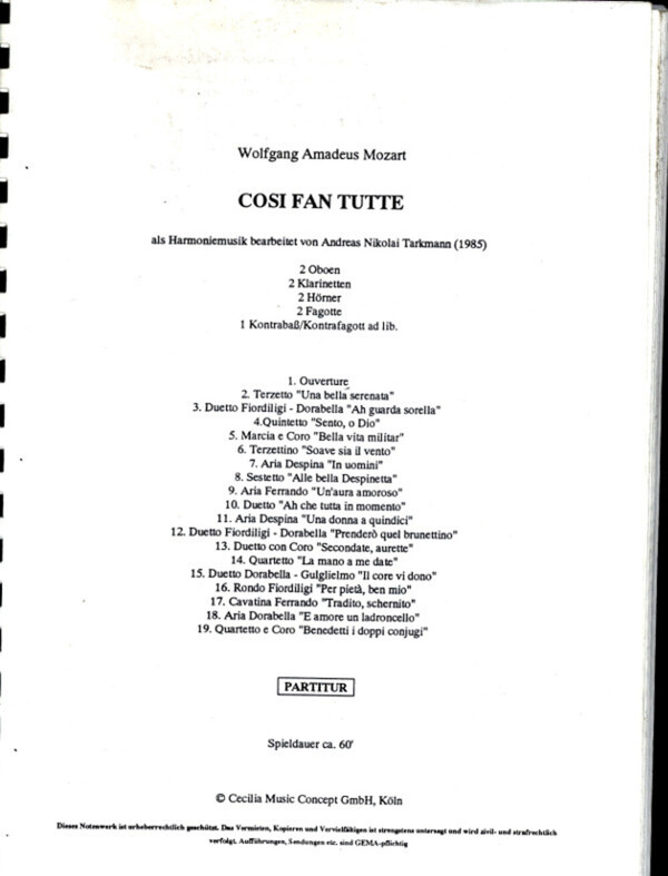 Cosi Fan Tutte KV 588 - Partitur (132 Seiten)<br>fr Blseroktett + Kontraba/Kontrafagott ad lib.