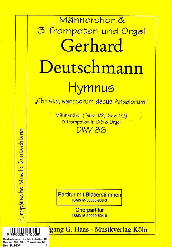 Hymnus DWV 86 - Trompeten-Stimmen + Orgelpartitur<br>fr Mnnerchor, 3 Trompeten + Orgel